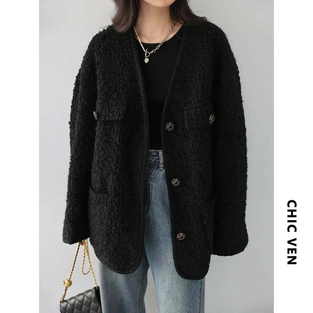 CHIC VEN Fashion Women's Wool Coat Single Breasted Vintage Jacket V-Neck Office Lady Overcoat Female Tops Spring Autumn 2023 6