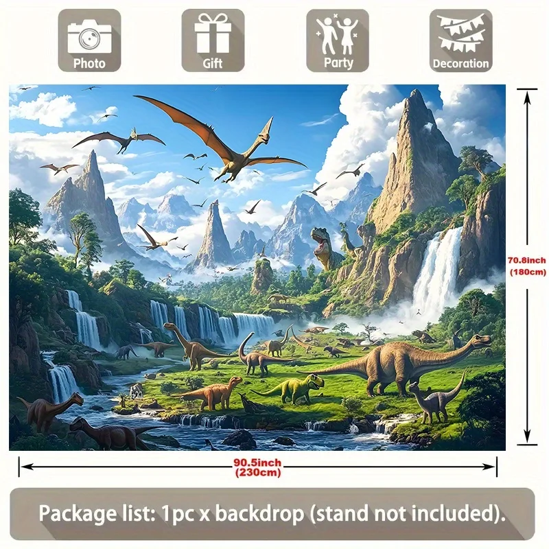 Lebendiges prähistorisches Landschaftsparty-Banner – Dinosaurier-Jurassic-Szene, Berge, Wasserfälle, Dinosaurier-Raumdekoration – Detail 9