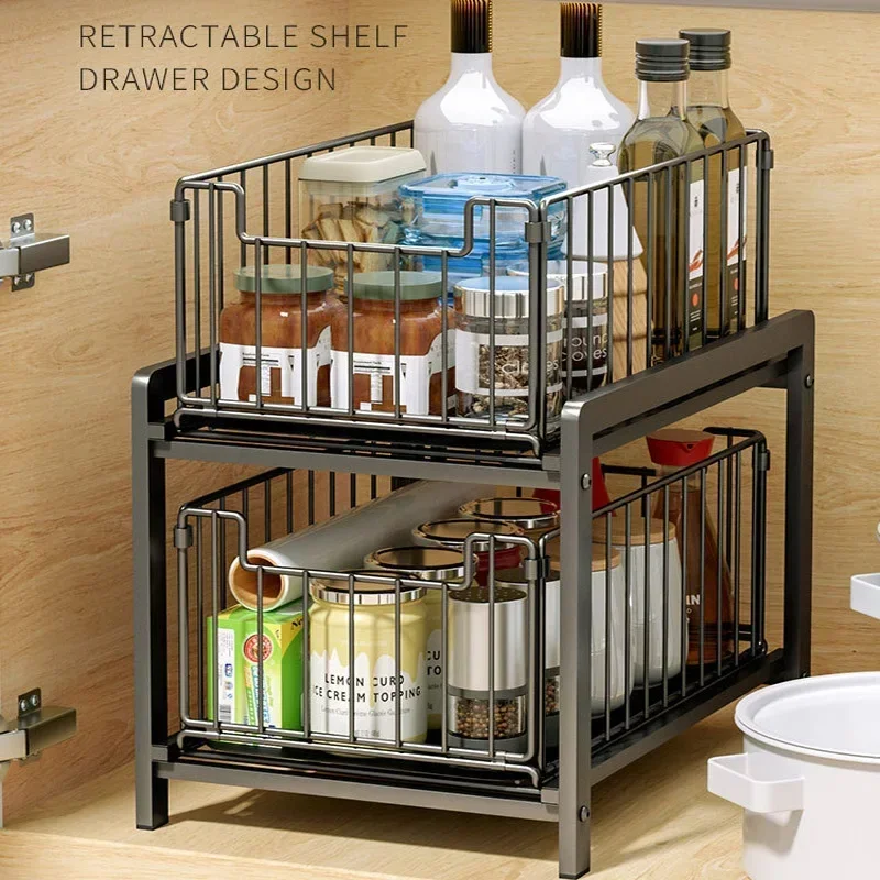 Under Sink Shelf Cabinet Organizer  2-Layer Removable Pull-Out Kitchen Under Sink Organizer Storage Rack with Drawers 3