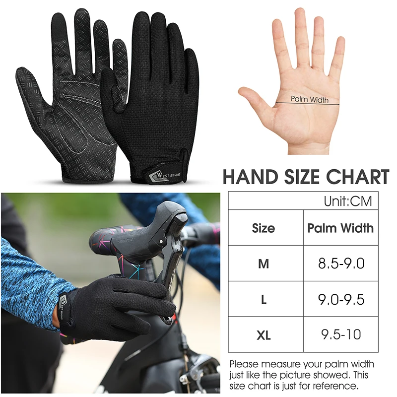 WEST BIKING Summer Cycling Gloves Full Finger MTB Bike Gloves Touch Screen Non Slip Silicone Palm Driving Riding Gloves
