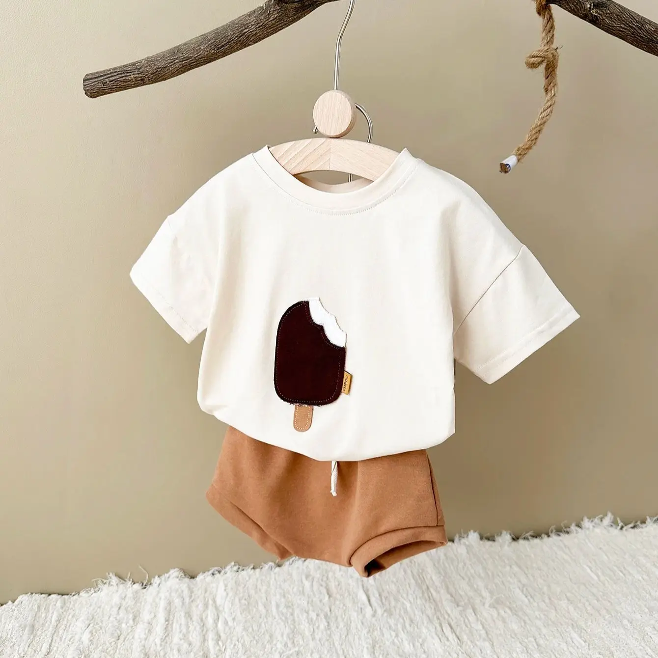 Kids Clothes Set Two Piece Set Baby Girl Clothing Set Shorts Suit Newborn Summer Baby Children Clothing Set Boy Girl 2PCS Ice Cream Patch T-shirt+Triangle Shorts Cotton Infant Suit Kids 0-3Y
