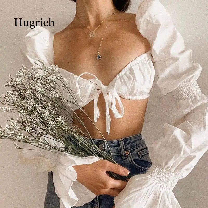 

Puff Long Sleeve Ruffle Lace Up Women Crop Top Shirts Elegant Ruched Hollow Out 2020 Autumn Winter Clothes Party Korea