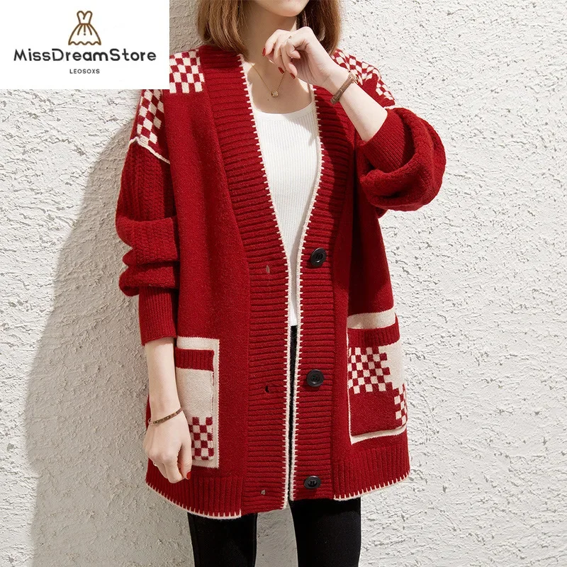 

Mid-length paneled plaid knit cardigan women's fall/winter 2022 V-neck sweater jacket Korean version women's loose trend