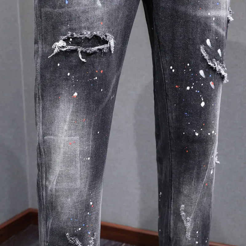 Street Fashion Men Jeans High Quality Retro Black Gray Stretch Slim Fit Ripped Jeans Men Painted Designer Hip Hop Brand Pants