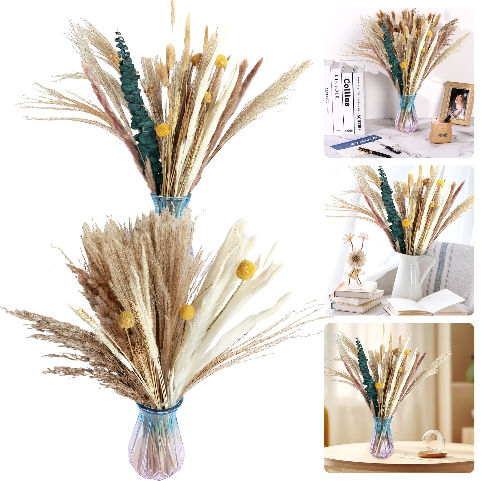

115/90Pcs Dried Pampas Grass Set for Vase Natural Elegant Dried Dried Wheat Decorative Dried White Pampas Bouquet DIY Dried