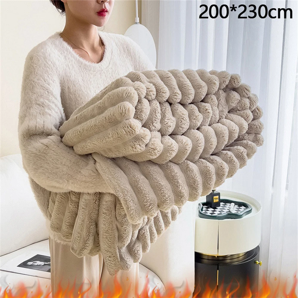 

120-230cm Winter Blanket Rabbit Plush Skin-Friendly Bedspread Solid Striped Throw Blankets Sofa Air Conditioning Winter Blankets