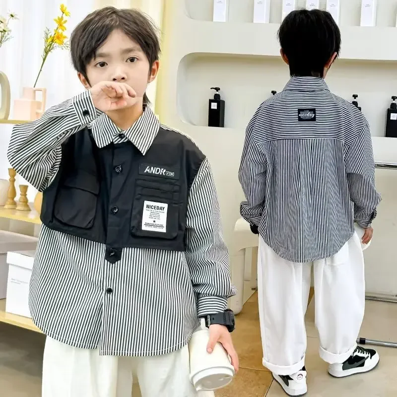 아동용 스트라이프 투피스 일루전 셔츠, 남아용 소매 자카드 용수철, 트렌디 브랜드, 스플라이싱 컬러 블로킹, 중간 사이즈