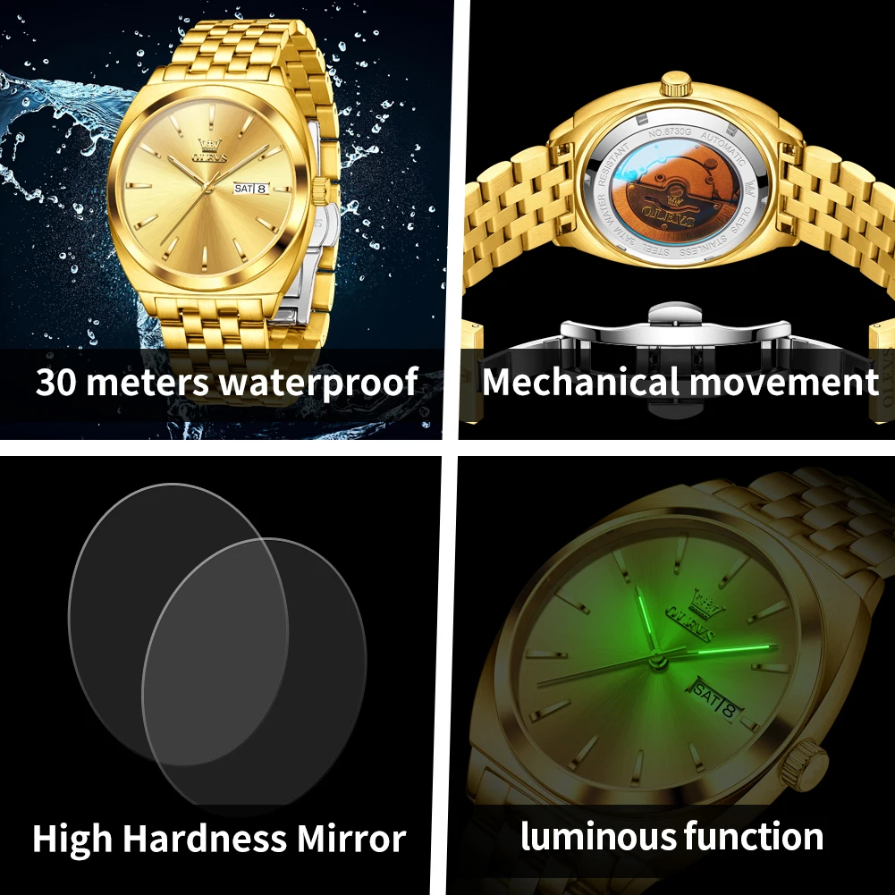 OLEVS 6730 Luxury Men's Watch Simple Dual Calendar Automatic Watch For Men Tonneau Mechanical Business Wristwatch 30M Waterproof