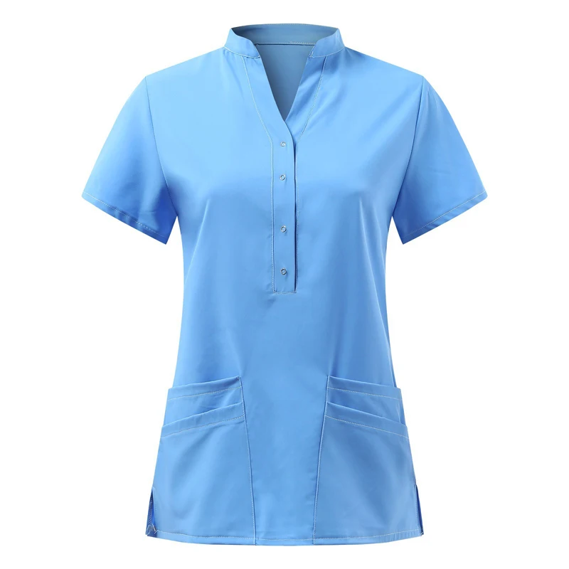 

Solid Women Scrub Short Sleeve V-neck Button Pocket Tops Nursing Working Medical Uniform Blouse Nurse Accessories