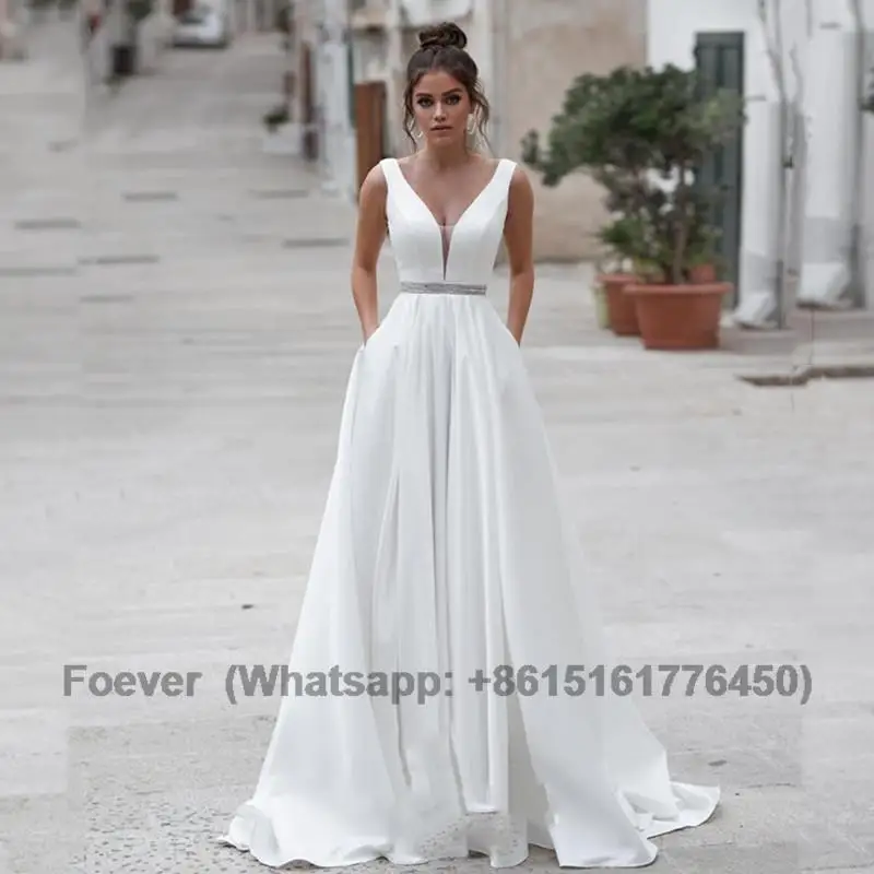 

Simple Deep V-Neck Satin Wedding Dress With Pocket Sleeveless Open Back Bridal Gown Beading Ivory Sweep Length Vestidos De Novia