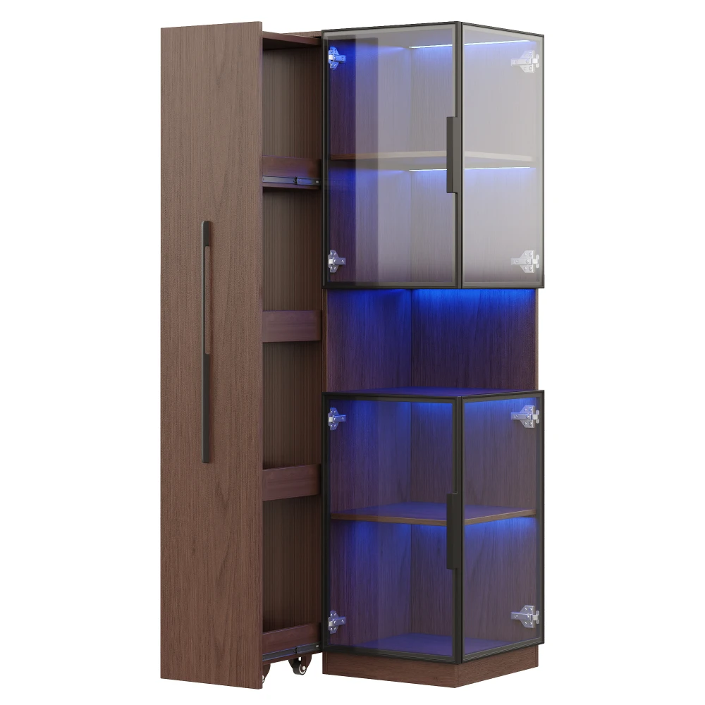 Wohnzimmer-Vitrine mit Ausziehbarem Regal – Doppelverglaste LED-Standschrank-Vitrine, MDF-Schrank, Glasvitrine & Aufbewahrungsschrank – Detail 10