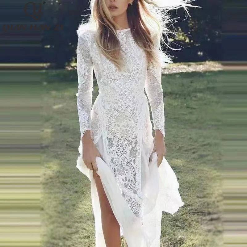 

Qian Han Zi Designer Fashion Runway Lace long Dress for women long sleeves embroidered hollow out elegant white maxi dress