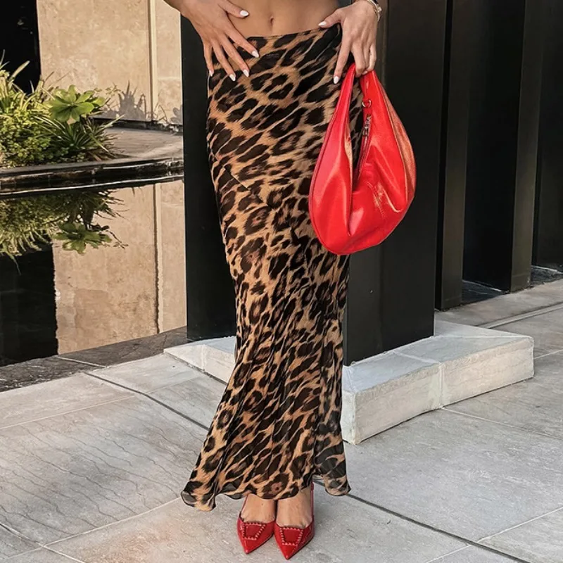 

Vintage Leopard Print for Women Chic High-waisted Skirt Sexy Tight Floor-length Slim Hip Package Zipper Elegant Lady Streetwear