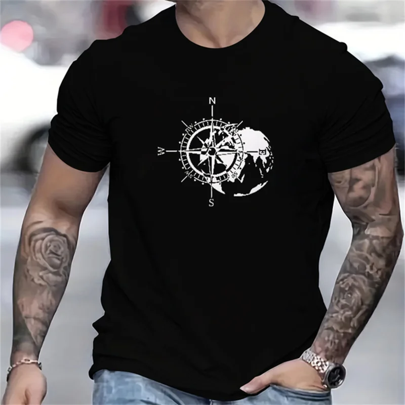 2024 New Men's T-shirt Compass Printed Comfortable and Breathable Pullover Summer Fashion Sports Leisure O-Neck Short Sleeve Top