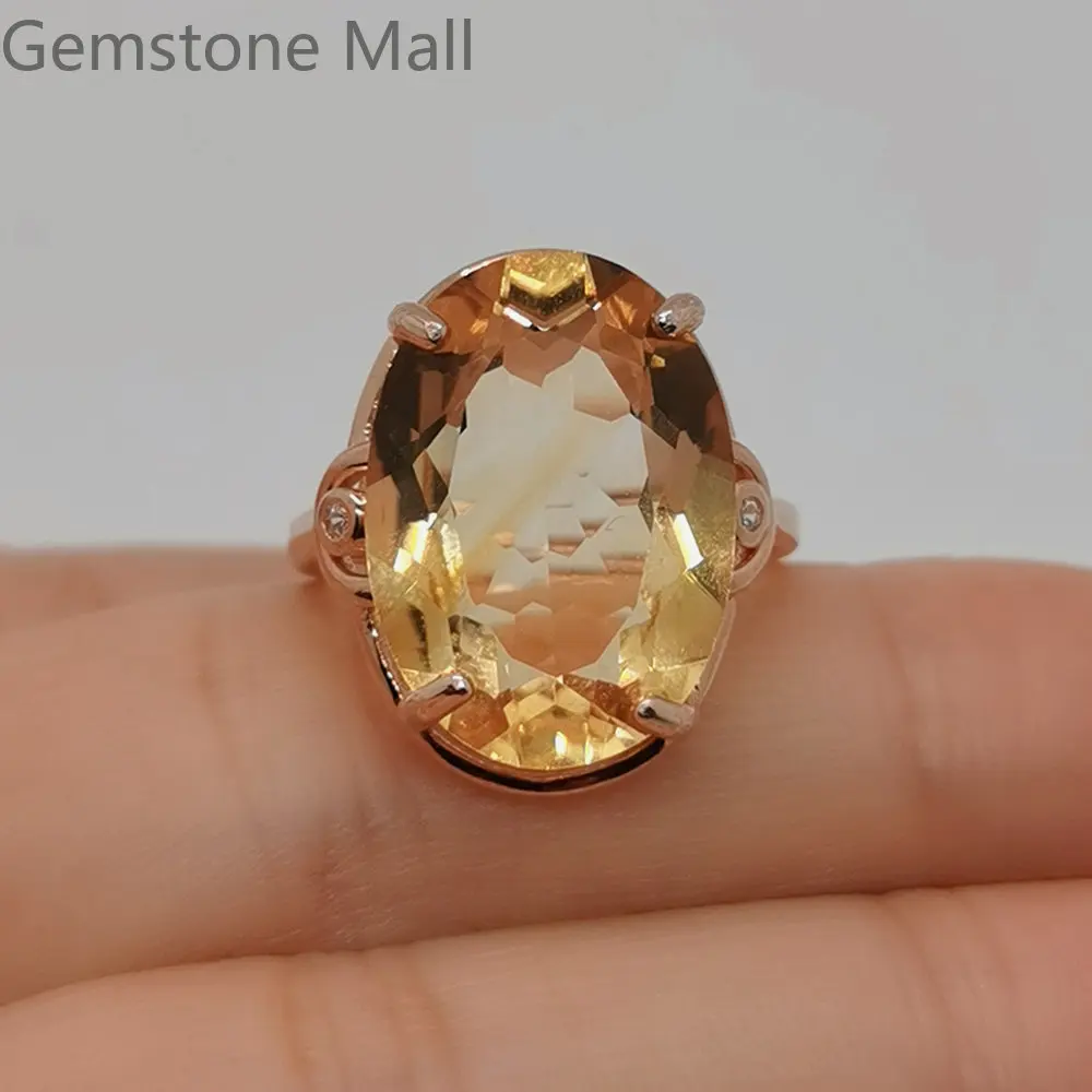 

Luxury Citrine 925 Silver Ring 13mm*18mm 12ct Natural Citrine Ring for Party 3 Layer 18K Gold Plating Silver Jewelry