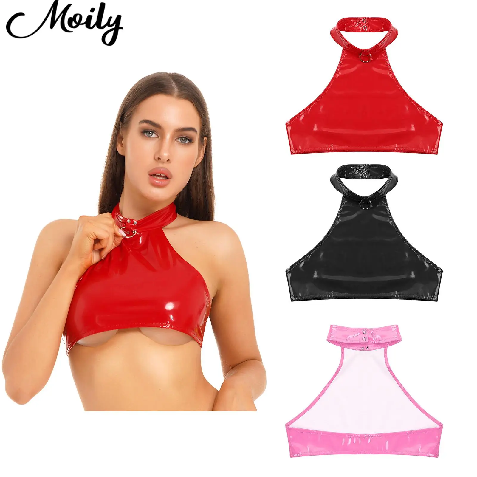 

Women Sexy Bra Tops Patent Leather Exotic Tanks Halter Neck Sleeveless Backless Crop Top Nightclub Pole Dance Vest Tops Clubwear