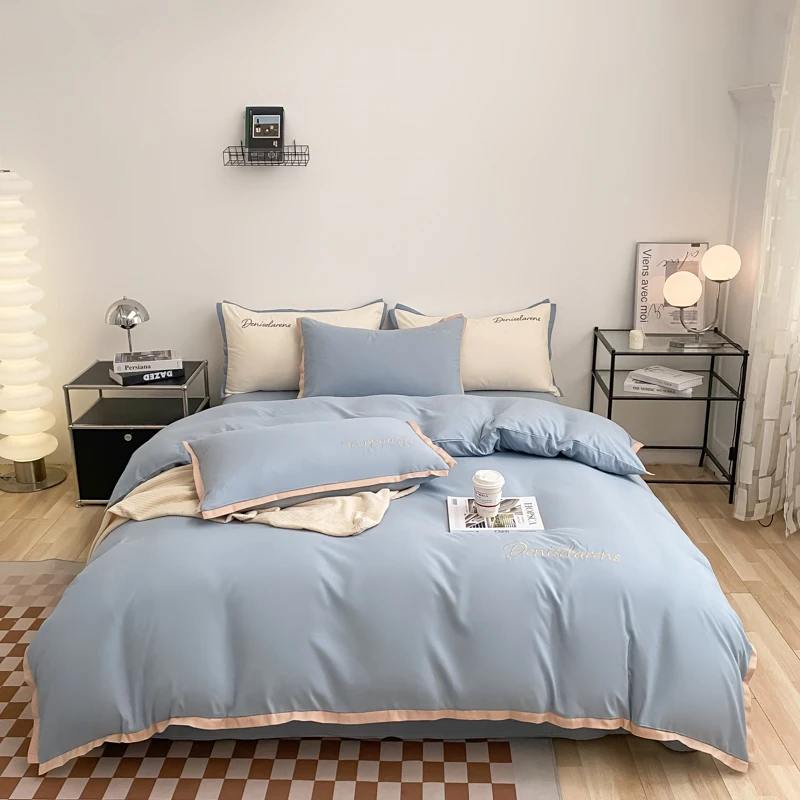 Solid Color Bedding Quilt Cover Four-Piece Fitted Sheet Three-Piece Home Textile Set
