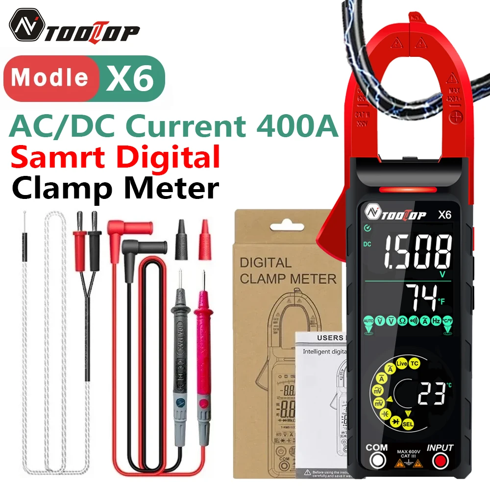 TOOLTOP X6 Digital Clamp Meter 400A DC/AC Current Voltage Tester Hz Resistance Capacitance NCV Ohm 6000 Counts Test Multimeter