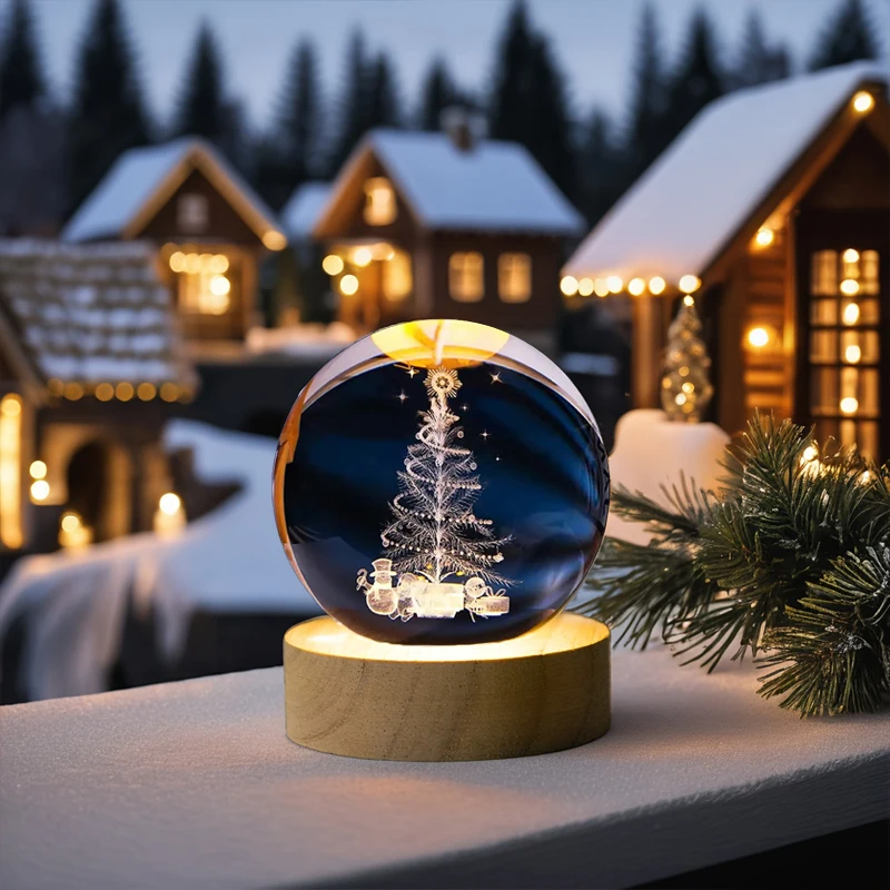 USB 3D Crystal Ball Night Light Santa Claus Engraved Glass Lamp on Wooden Base Christmas Gift for Kids Room Home Decorations