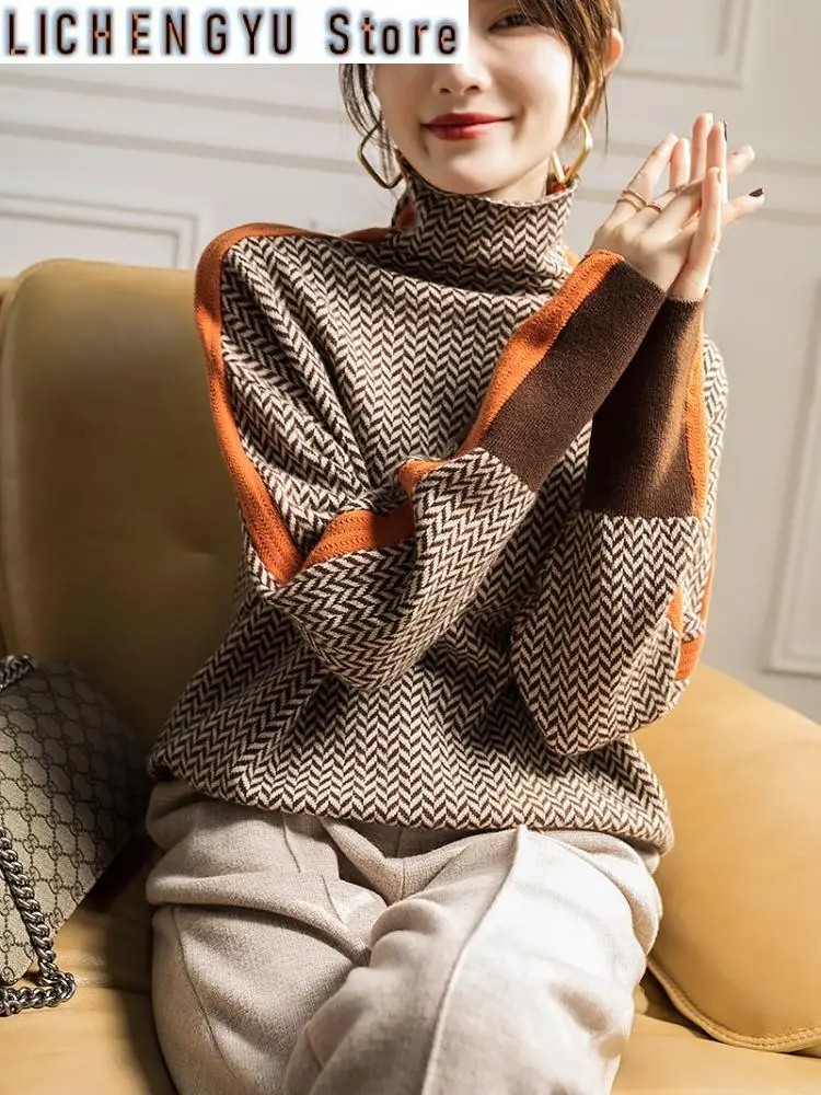 

New Winter Women's Turtleneck Sweater Warm Pullover Commuter Elegant Top Loose Casual Women's Top Retro Contrast Color