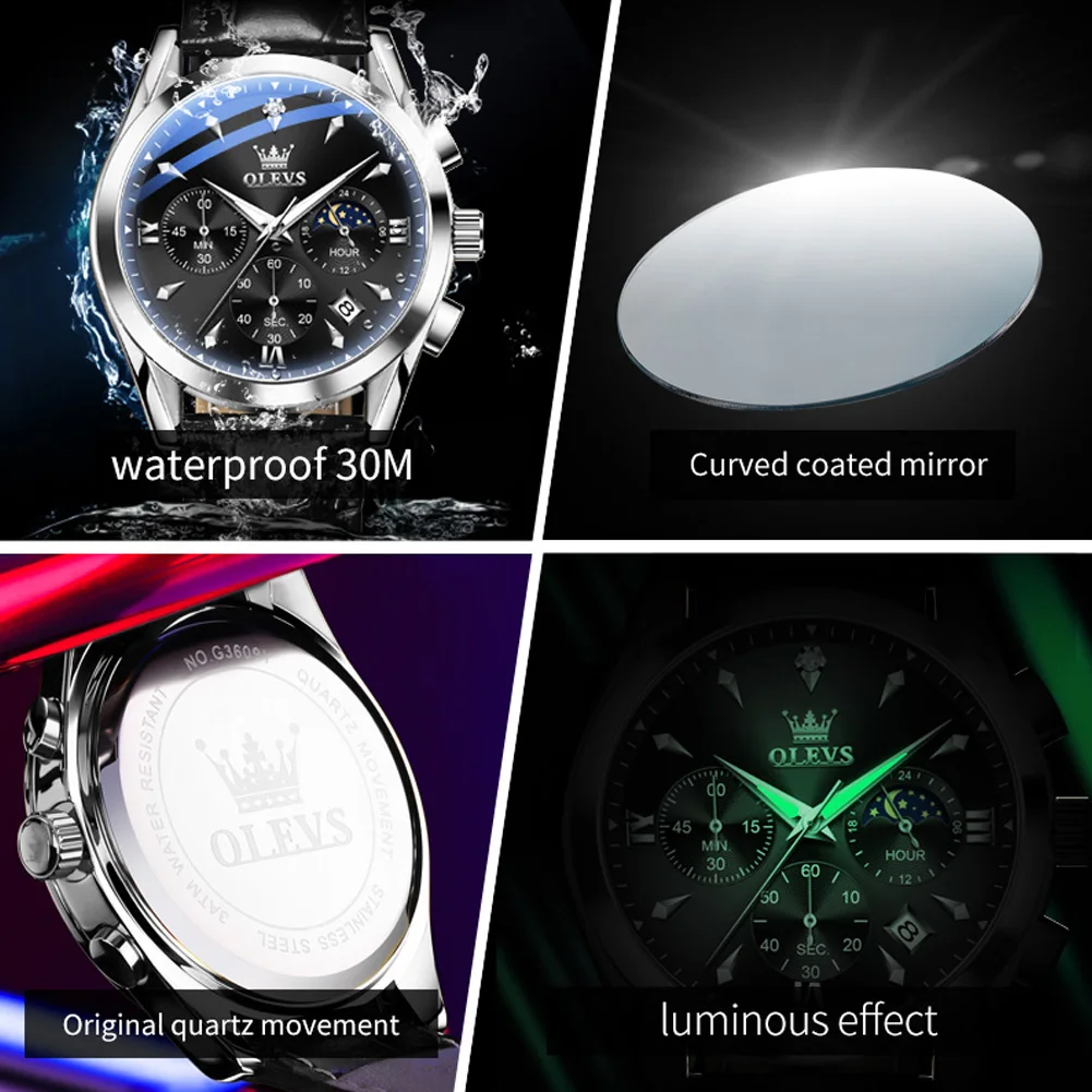 Olevs Men's Watches Trend Fashion Multi Functional Chronograph Moon Phase Date Original Brand Quartz Wristwatch For Man 3609 New, Alina Gadgets