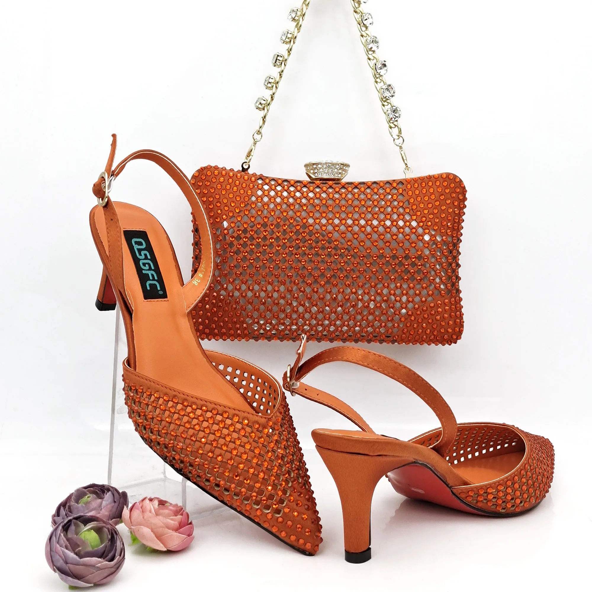 Doershow hot selling orange Shoes and Bags To Match Set Italy