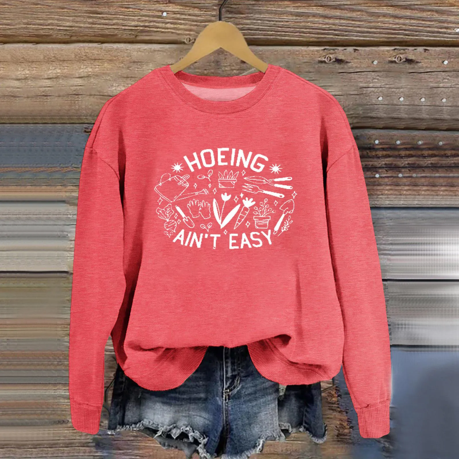 

Cute Friends Hooded Sweatshirt Hoeing Ain'T Easy Letter Print For Women Plus Size Funny Long Sleeve Tops