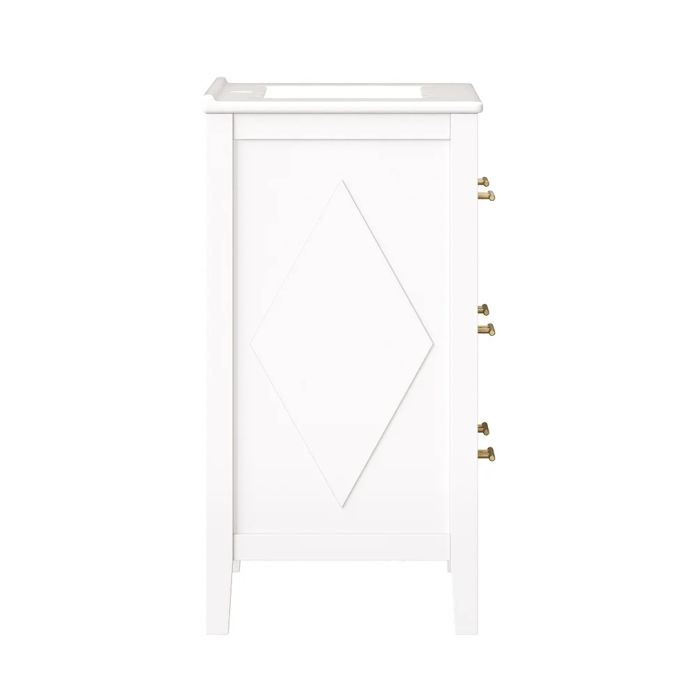 Freistehender weißer Badezimmerschrank mit Keramikwaschbecken & Metallgriffen, 3 Schubladen Retro-Waschtischunterschrank mit Soft-Close-Funktion – Detail 16