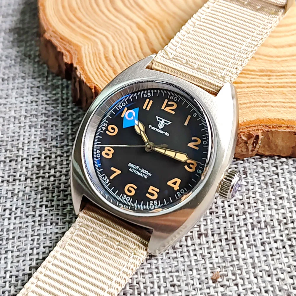 36mm Tandorio nh35 pt5000 Mechanical Watch Men Sport Military Wristwatch Orange Numbers Nylon Band 316L Stainless Steel Clock