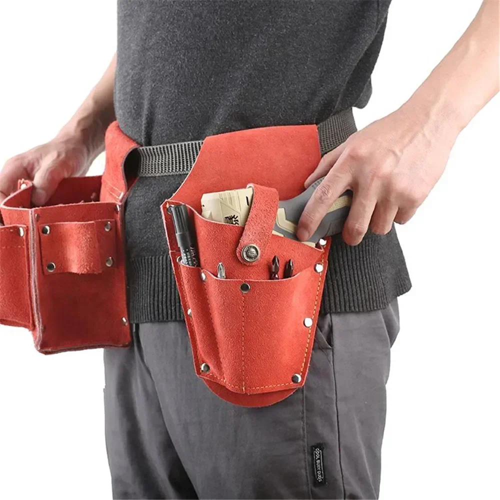 Vintage Leather Electric Drill Storage Bag Multi-pocket Tool Waist Bag for Belt Makita Electric Wrench Electric Screwdriver 2