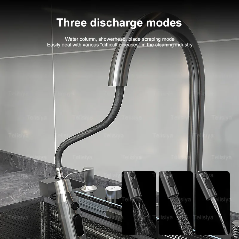 Stainless Steel Kitchen Sink Double Waterfall Digital Display Large Single Sink Honeycomb Embossed Pull Out Faucet Cup Washer 4
