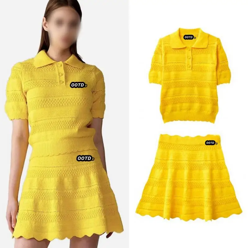 

2024 Golf Clothing Women's Lapel Half Buckle Word Label Short Sleeve Golf Sweater White Skirt Black Yellow Golf Pleated Skirt