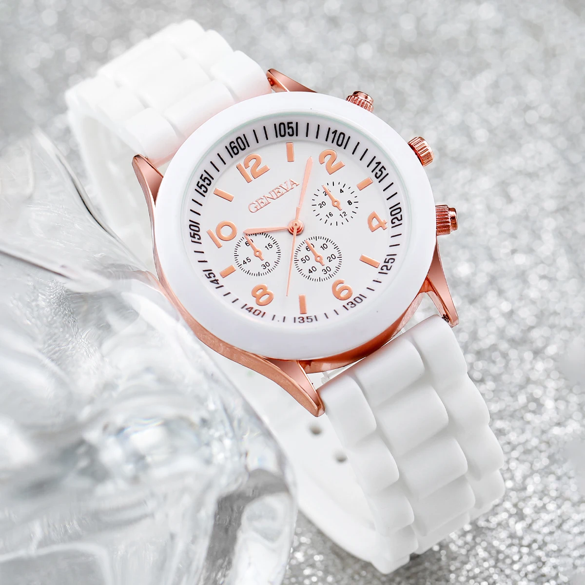 4PCS/Set Geneva Watch Pealrs Jewelry Set Fashion Silicone Band Women Quartz Wristwatch Female Casual Clock（Without Box） 5
