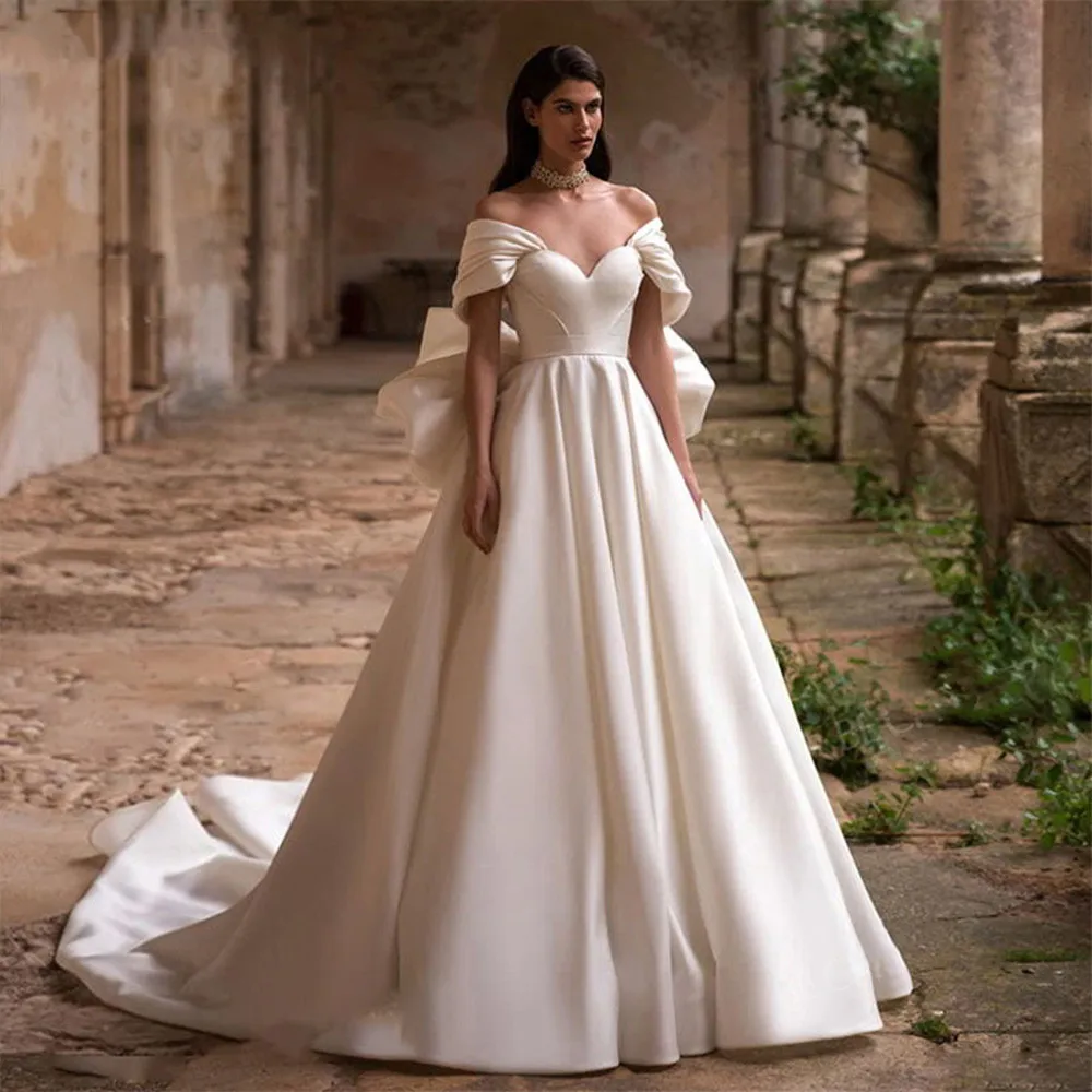 

Flavinke Simple Wedding Dress With Bow Sweetheart Off Shoulder Backless Bridal Ball Gown Pleat Floor Length Vestidos De Novia