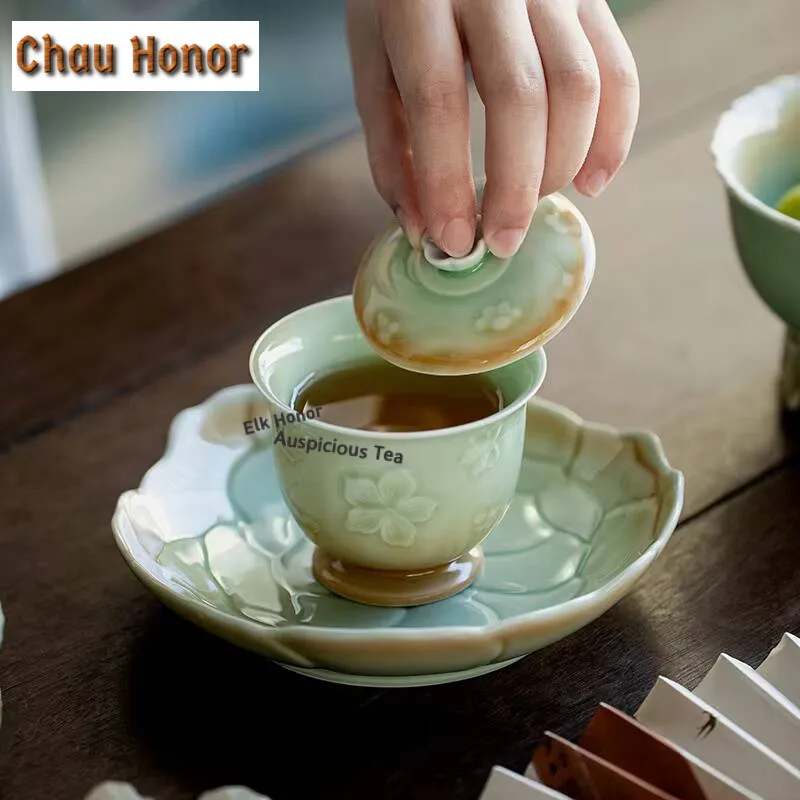 Retro Gradient Blue Carved Flower Sitting Lotus Pot Bearing Plate Ceramic Dry Brewing Table Tea Tray Refreshment Dry Fruit Plate