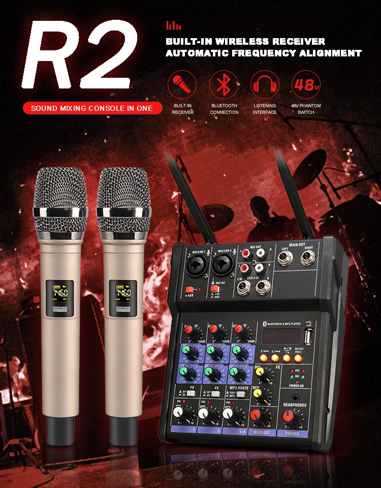 TKL4channelaudiomixerconsolewithwirelessmicrophonesoundmixing