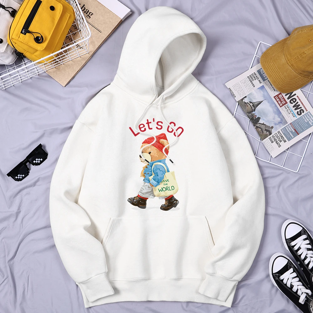 

Fashion Teddy Bear Let'S Go Travel The World Hooded Man Basic Loose Hoodie All-Match Graphics Tops Fashion Casual Streetwear Man