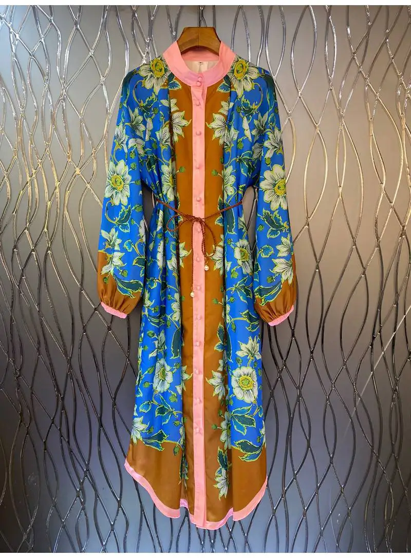 

Long Sleeve Dress 2022 Autumn Fashion Style Women Vintage Floral Prints String Belt Deco Casual Loose Long Maxi Dress Clothing