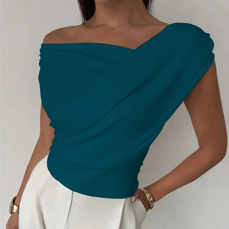 New Summer Women's Slanted Shoulder Slim-fitting and Thin Sleeveless Short Top Elegant Solid Color Fashion Casual Waist Blouse