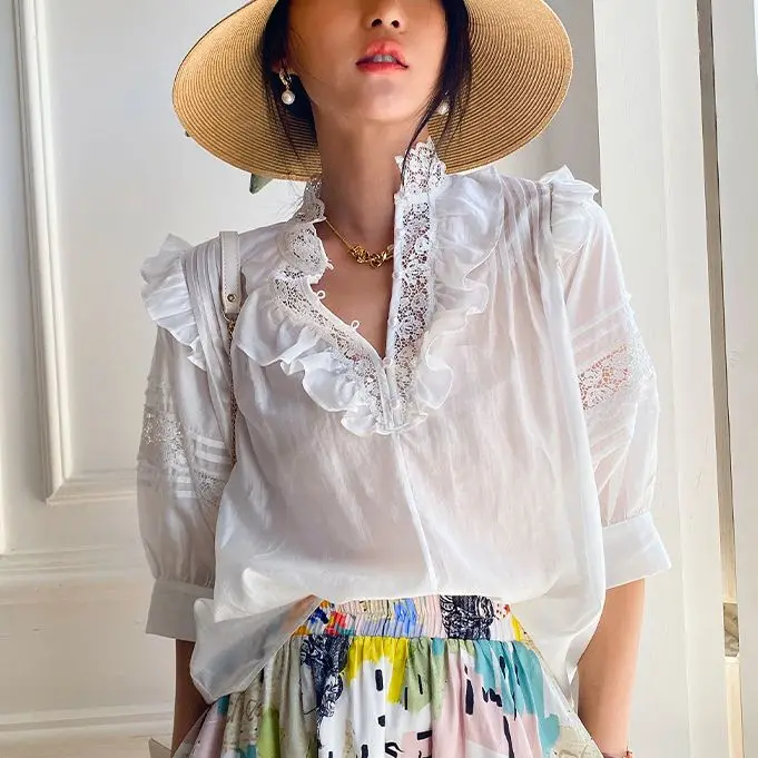 Teelynn Casual Boho White Lace Shirts Women Vintage Stand Collar