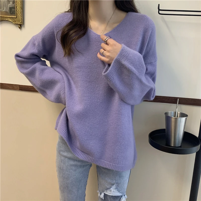 V-neck Pullovers Women Solid Candy Colors Sweet Harajuku High Street Loose-fit Long Sleeve Sweaters Ulzzang Knitted Pullover Ins striped sweater