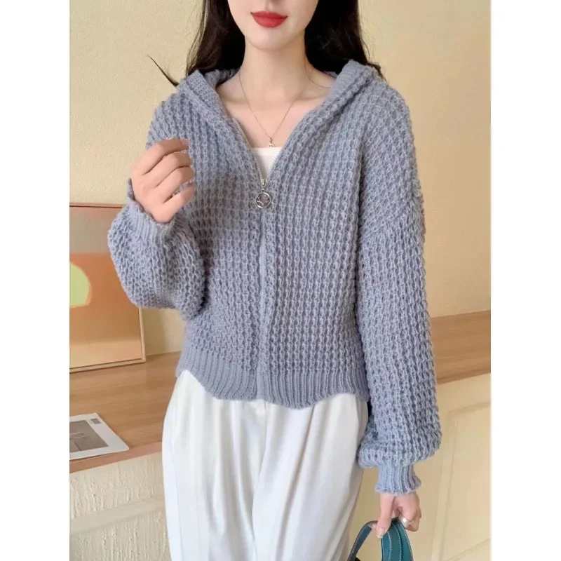 Autumn and Winter Women's Hooded Patchwork Hollow Out Zipper Solid Color Loose Fashion Casual Elegant Commuter Long Sleeve Coat