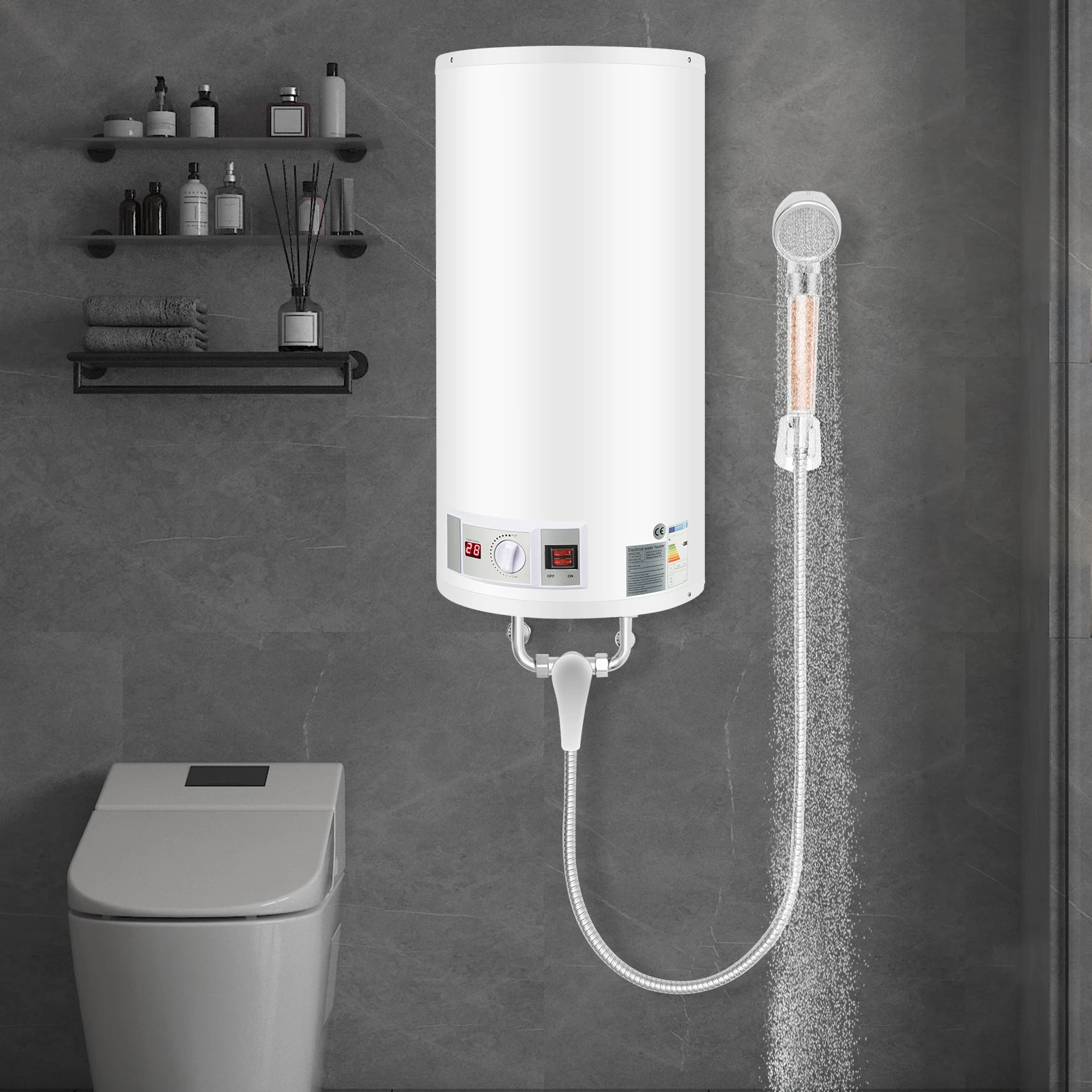 Chaudière à eau chaude de stockage 80L 220V chauffe-eau électronique sans réservoir chauffe-eau électrique avec douchette à main pour salles de bains 1 Chaudière à eau chaude de stockage 80L 220V chauffe-eau électronique sans réservoir chauffe-eau électrique avec douchette à main pour salles de bains 1