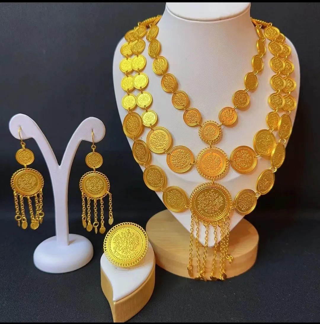 Elegant Women's Jewelry Set Arab Bride Wedding Necklace Earrings Ring  for Woman Bu10254 arab turkish kurdish india body jewelry golden double row coins cross chain pendant belly chains ethnic costume belts for women