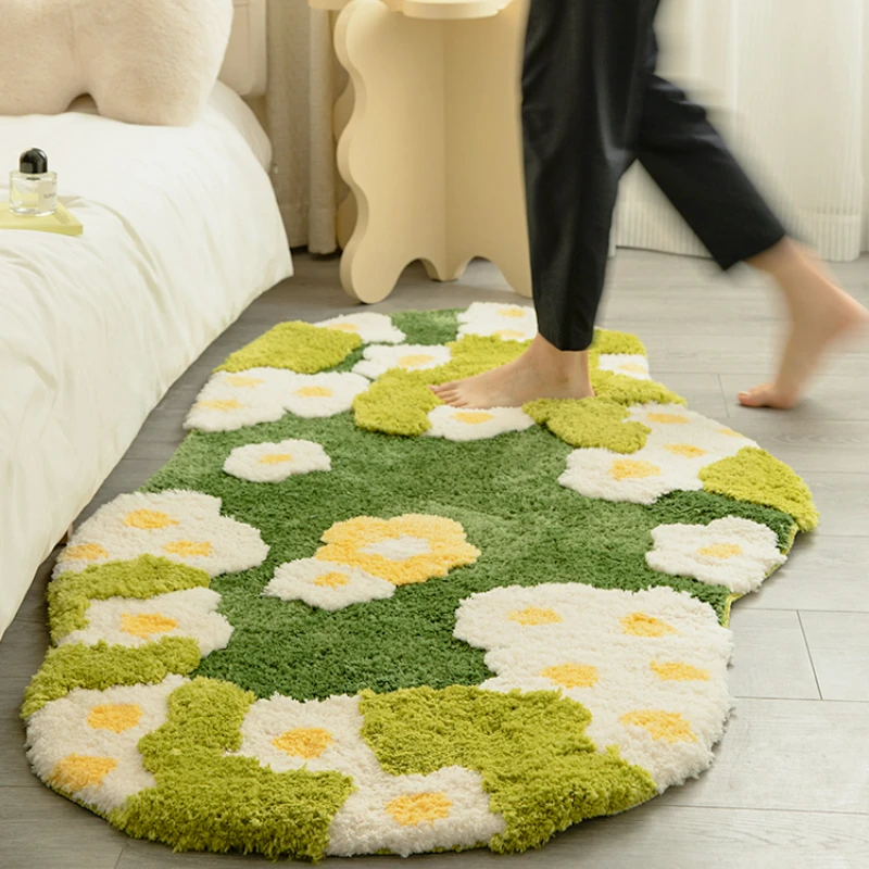 

Handmade Floral Grass Garden Moss Carpet for Living Room Bedroom Bedside Blanket Green Color Irregular Tufting Soft Area Rug