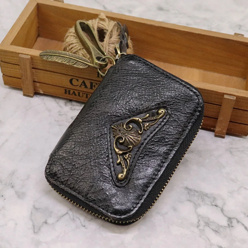 Vintage Key Wallet Genuine Leather Key Holder Wallets Men Zipper Keychain Key Case Bag Male Housekeeper Key Organizer Pouch