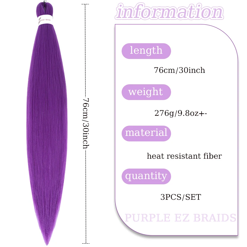 3Pcs 30inch Long Purple Hair Extensions Wig for Kids Braiding Pre Stretched Straight EZ Braids for Kids Chritmas Party Costume