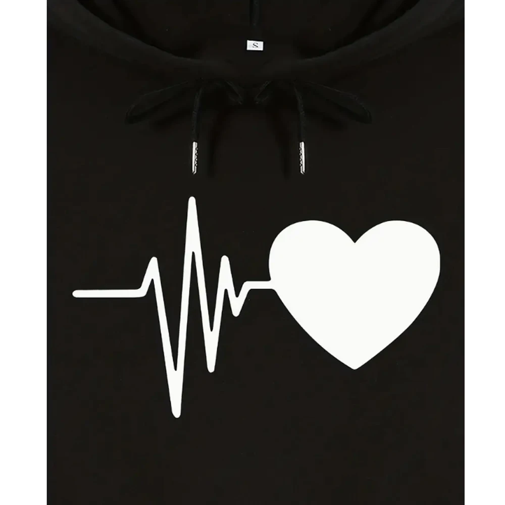 Heart Rate Print Drawstring Hoodies Casual Long Sleeve Sweat Wear Kangaroo Pocket Oversized Sweatshirt Women's Clothing
