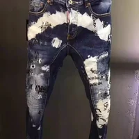 Spring Summer New Style Men's Slim Fit Denim Jeans Hole Patch 3D Tailoring Graffiti Print Elastic Ankle Length Casual Trousers