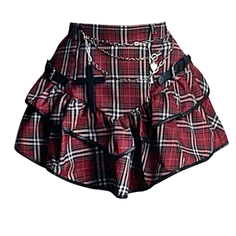 Edgy Red Plaid High Waist Gothic Skirt